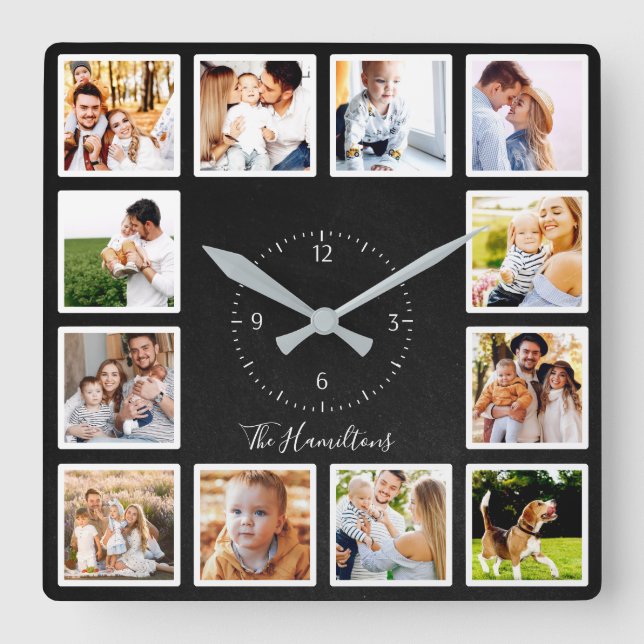 Family 12 Photos Collage Chic Chic Black Chalk Square Wall Clock (Front)