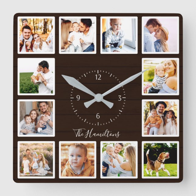 Family 12 Photos Collage Dark Brown Wood Square Wall Clock (Front)