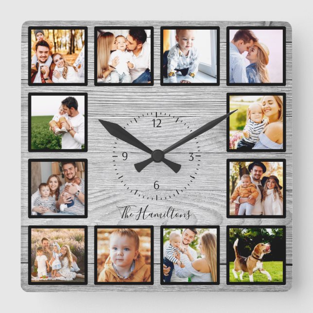 Family 12 Photos Collage Farmhouse Rustic Wood Square Wall Clock (Front)