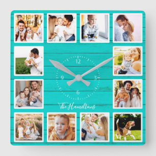 Family 12 Photos Collage Teal Wood Square Wall Clock
