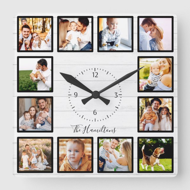Family 12 Photos Collage White Wood Square Wall Clock (Front)