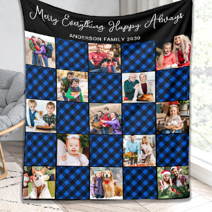 Family 13 Photo Collage Personalised Blue Plaid  Fleece Blanket