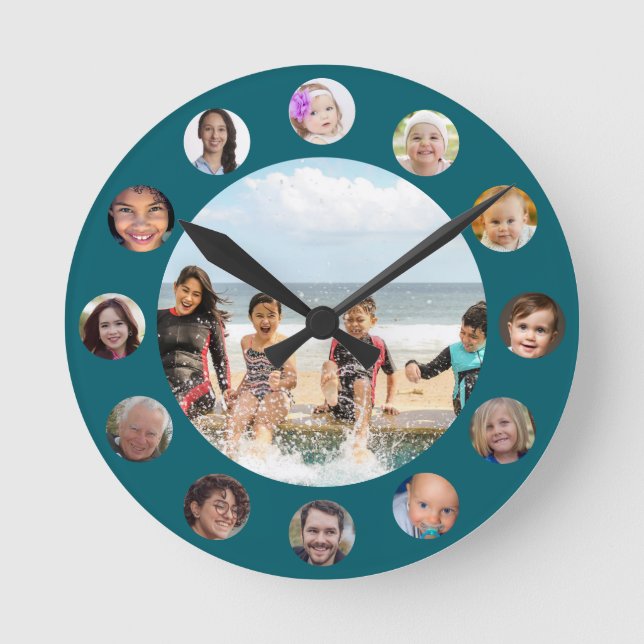 Family 13 Photo Collage Round  Round Clock (Front)