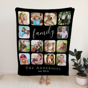 Family 14 Photo Collage Black Sherpa Blanket