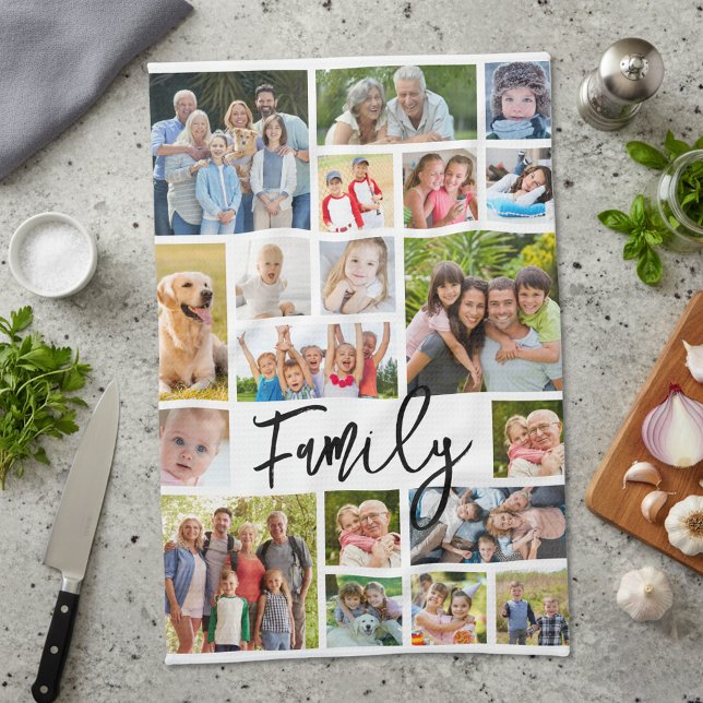 Family 19 Photo Collage Modern Script Tea Towel (Creator Uploaded)
