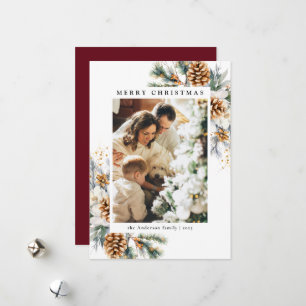 Family 1 Photo Botanical Pine Tree Red Christmas Holiday Card