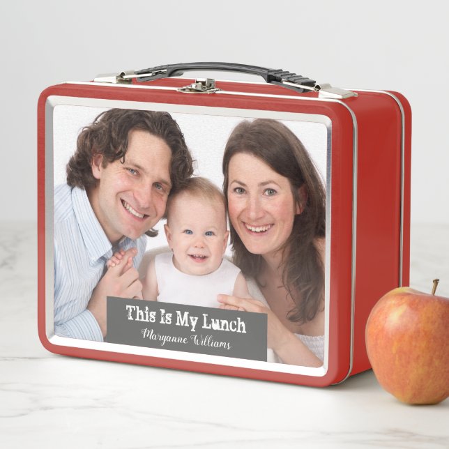 Family 1 Photo Red Custom Add Name Metal Lunch Box (In Situ)
