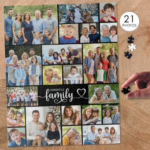 Family 21 Photo Script Heart Name Jigsaw Puzzle