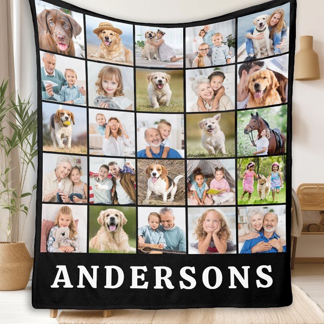 Family 25 Photo Collage Personalised Name Black Fleece Blanket (Creator Uploaded)