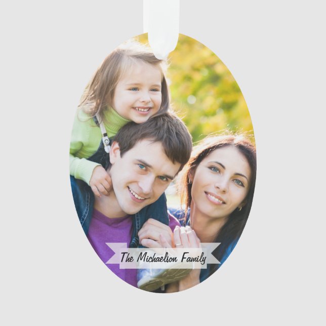 Family 2 Photo Christmas Holiday Script Modern Ornament (Front)