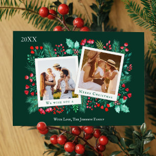 Family 2 Photo Collage Christmas Watercolor Holiday Card