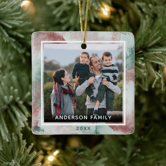 Family 2 Photo Elegant Watercolor Christmas Ceramic Ornament (Tree)