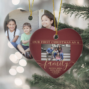 Family 2 Photo First Christmas Burgundy Red & Gold Ceramic Tree Decoration