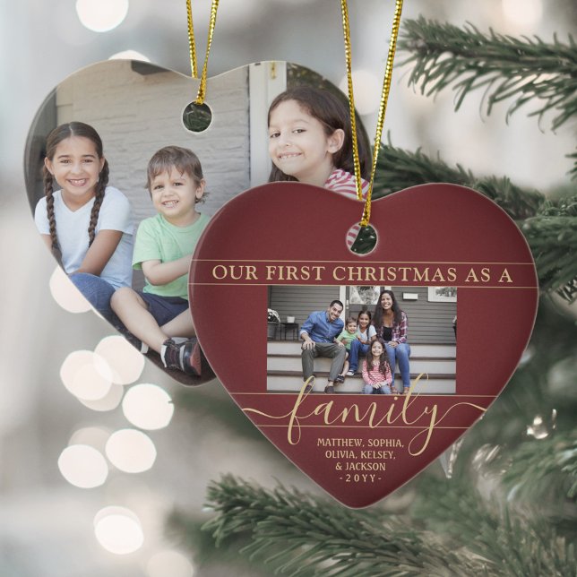 Family 2 Photo First Christmas Burgundy Red & Gold Ceramic Tree Decoration (Creator Uploaded)