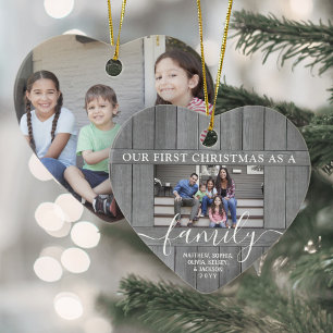 Family 2 Photo First Christmas Faux Gray Wood Ceramic Tree Decoration