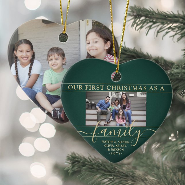 Family 2 Photo First Christmas Green & Gold Heart Ceramic Tree Decoration (Creator Uploaded)