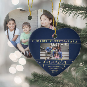 Family 2 Photo First Christmas Navy Blue and Gold Ceramic Tree Decoration