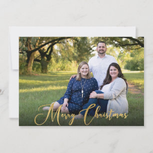 Family 2 Photo Gold Script Merry Christmas Holiday Card