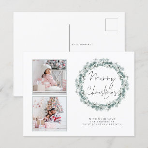 Family 2 Photo Teal Wreath Merry Christmas Card