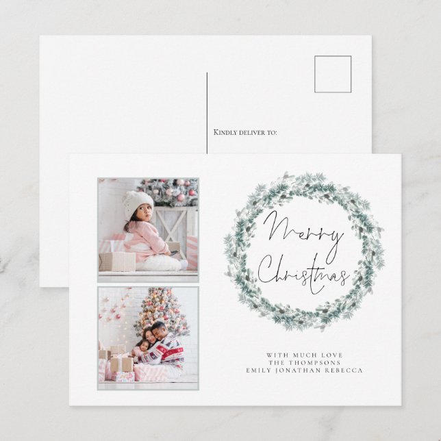 Family 2 Photo Teal Wreath Merry Christmas Card (Front/Back)