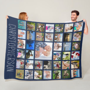 Family 39 Photo Collage Personalised Navy Blue Fleece Blanket