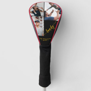 family 3 photo collage black gold script magnet golf head cover