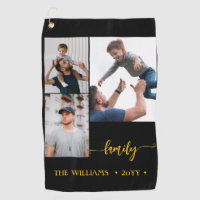 family 3 photo collage black gold script magnet