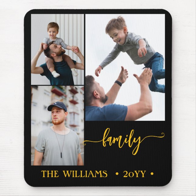 family 3 photo collage black gold script magnet mouse mat (Front)