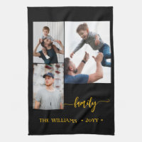 family 3 photo collage black gold script magnet