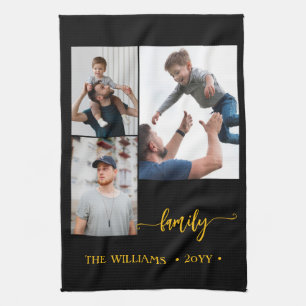 family 3 photo collage black gold script magnet tea towel