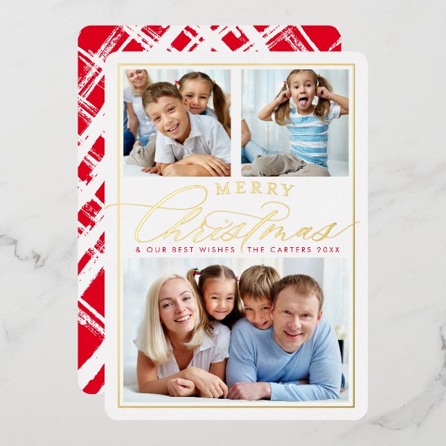 FAMILY 3 PHOTO fun calligraphy elegant script gold Foil Holiday Card (Front/Back)