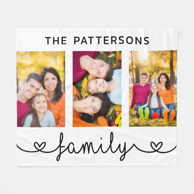 Family 3 Photo Template Personalised Script Fleece Blanket (Front (Horizontal))