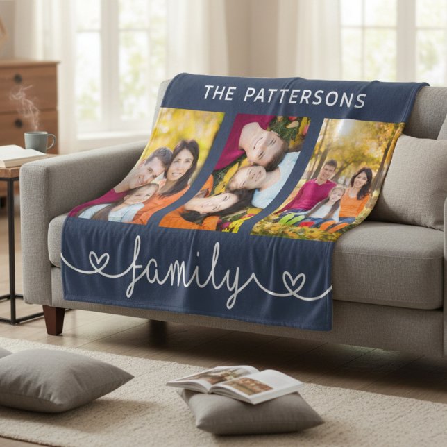 Family 3 Photo Template Personalised Script Fleece Blanket (Creator Uploaded)