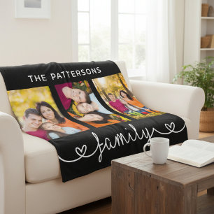 Family 3 Photo Template Personalised Script Fleece Blanket