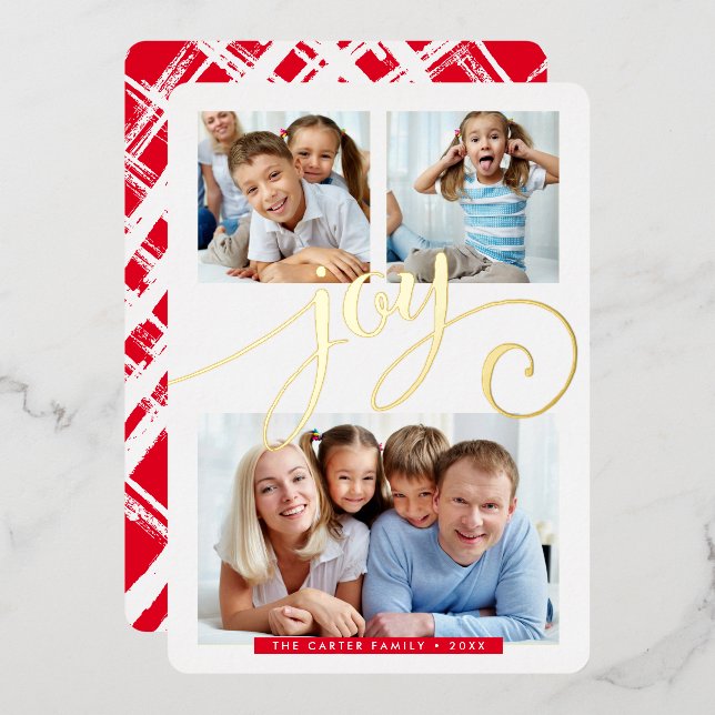 FAMILY 3 PHOTO whimsical calligraphy fun JOY gold Foil Holiday Card (Front/Back)