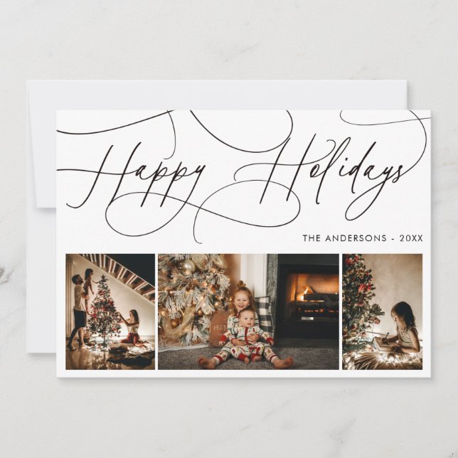 Family 3 Photos Happy Holidays Handwritten Script Holiday Card (Front)
