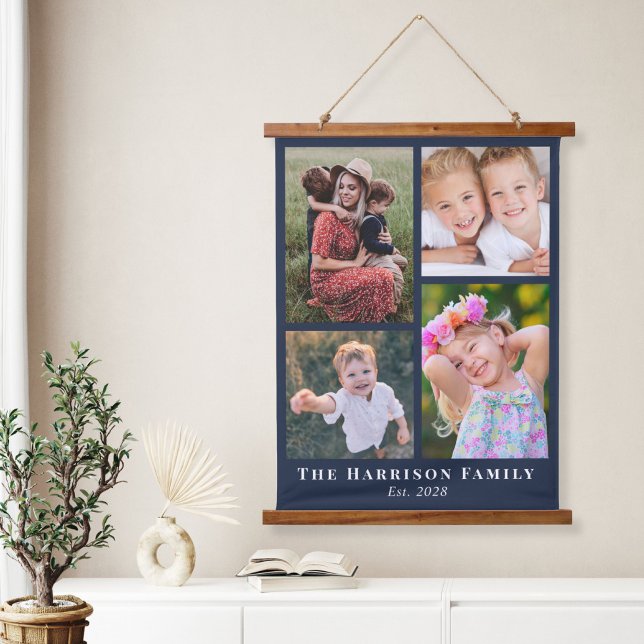 Family 4 Photo Collage Blue Hanging Tapestry (Creator Uploaded)