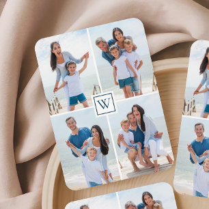 Family 4-Photo Collage Blue Monogram Playing Cards