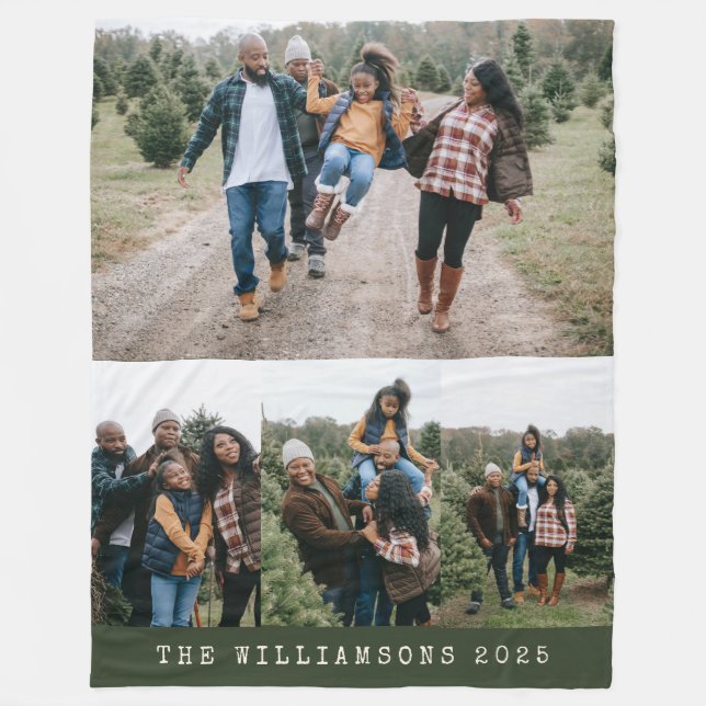 Family 4 Photo Collage Custom Name Green Christmas Fleece Blanket (Front)