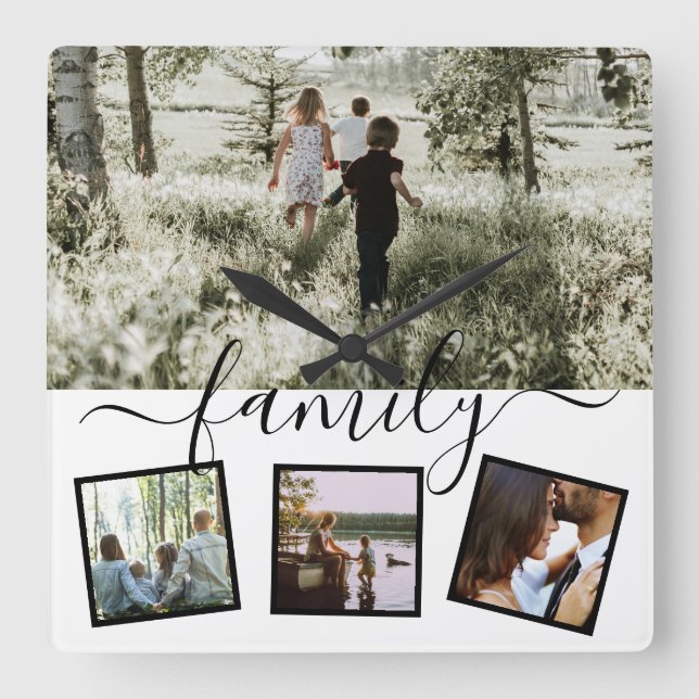 Family 4 photo collage custom personalised square wall clock (Front)