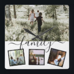 Family 4 photo collage custom personalized square wall clock<br><div class="desc">Unique custom personalized by you - 4 photo collage template with typography detail - family themed wall clock from Ricaso</div>