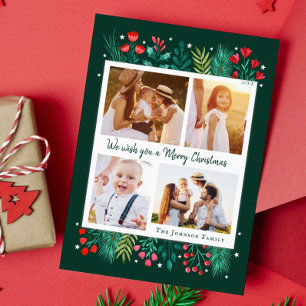 Family 4 Photo Collage Watercolor Foliage  Holiday Card