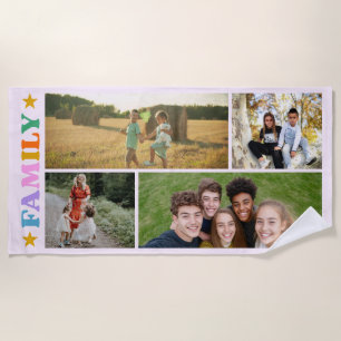 Family 4 photos collage modern colourful typograph beach towel