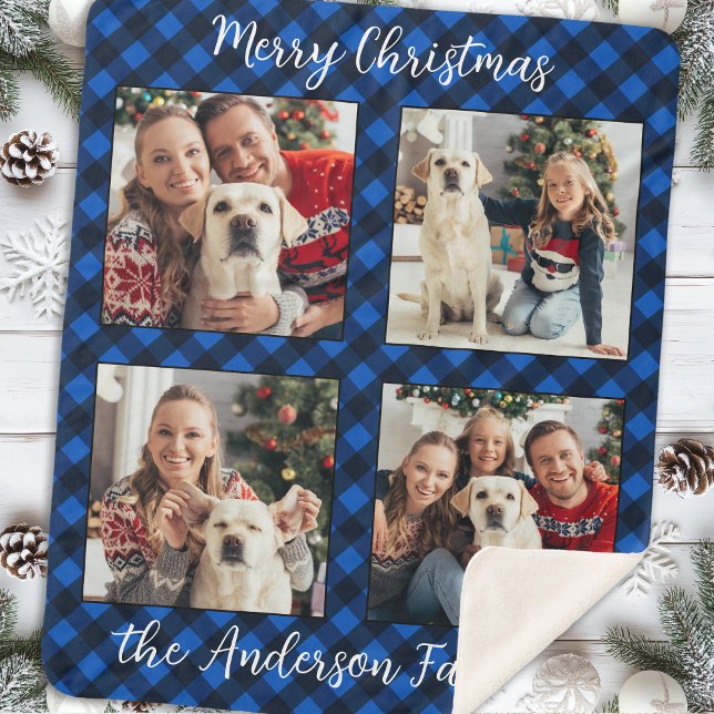 Family 4 Pictures Personalised Plaid Christmas Sherpa Blanket (Creator Uploaded)