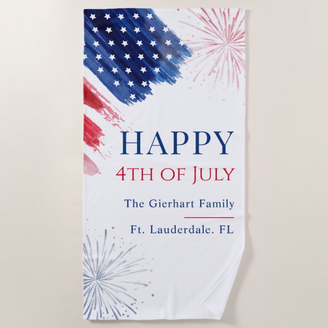 Family 4th of July Beach Party Red White Blue Beach Towel (Front)
