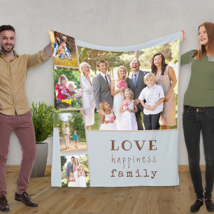 Family 5 Photo Collage Blue Love Happiness Fleece Blanket