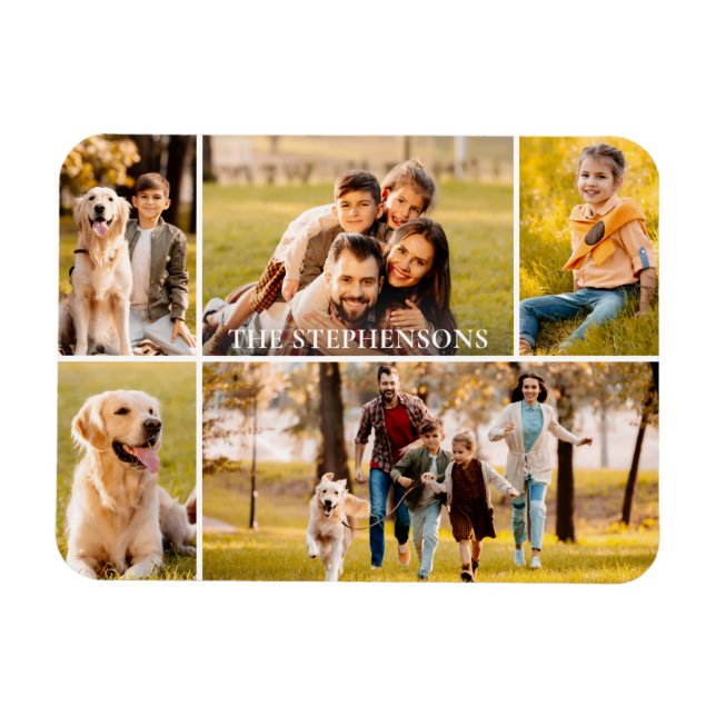 Family 5 Photo Collage Name Magnet (Horizontal)