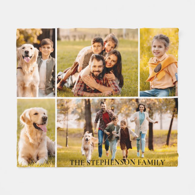 Family 5 Photo Collage Name Simple Fleece Blanket (Front (Horizontal))