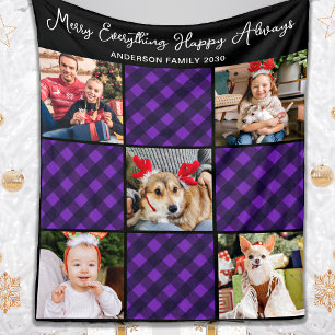 Family 5 Photo Collage Personalised Holiday Plaid Fleece Blanket