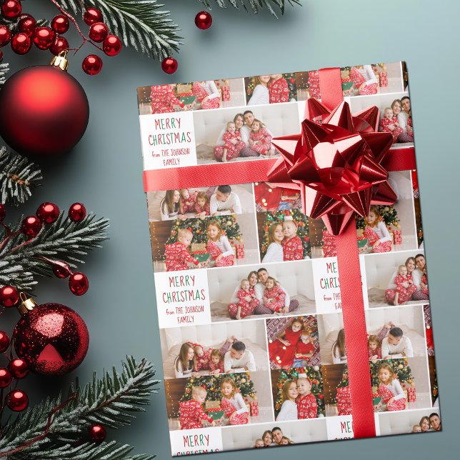 Family 5 Photo Collage Red Green Merry Christmas Wrapping Paper (Creator Uploaded)